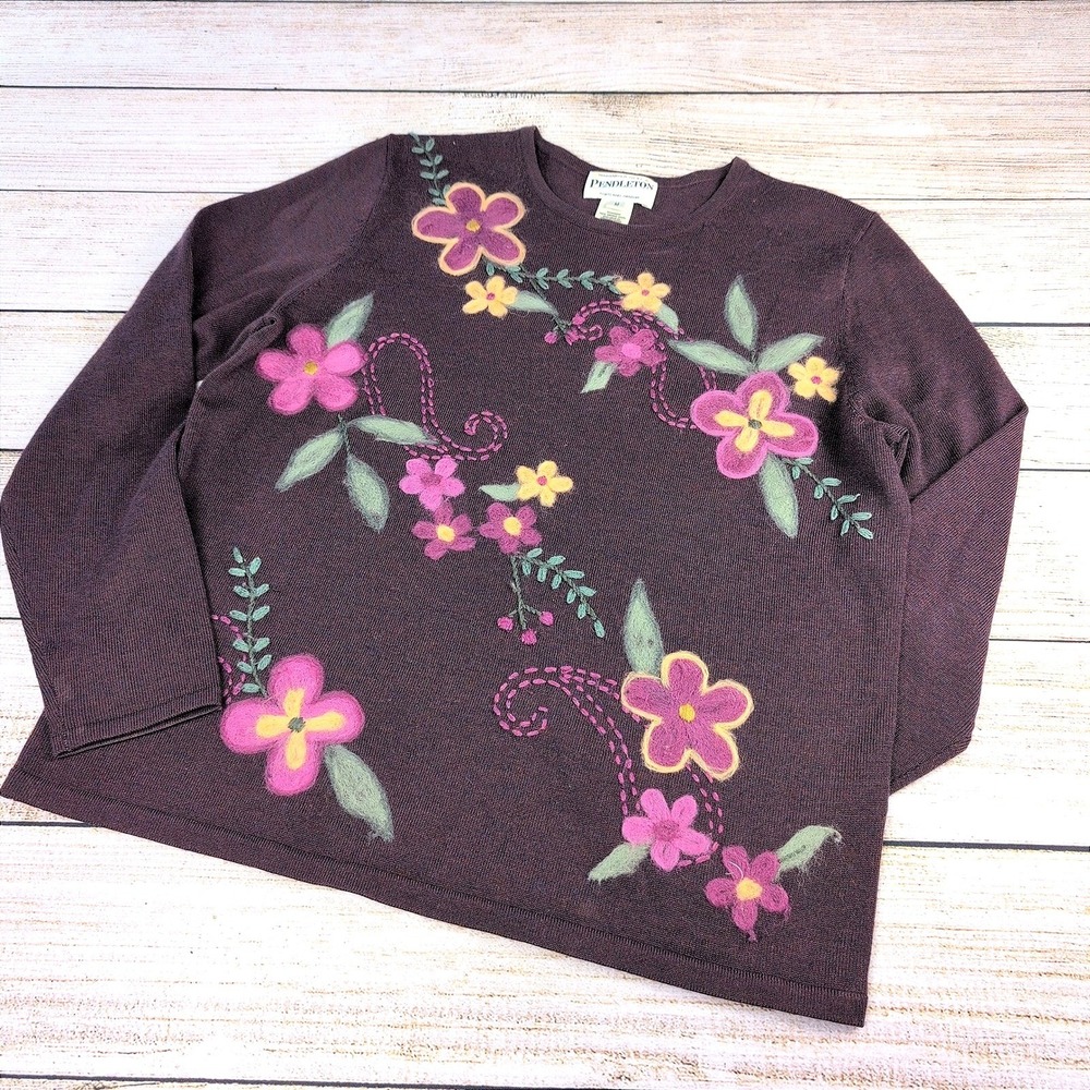 Pendleton Womens Purple 100% Merino Wool Floral Needle Felted Sweater Medium